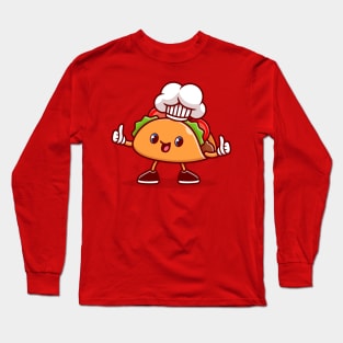 Cute Taco Chef Wearing Cap Cartoon Long Sleeve T-Shirt